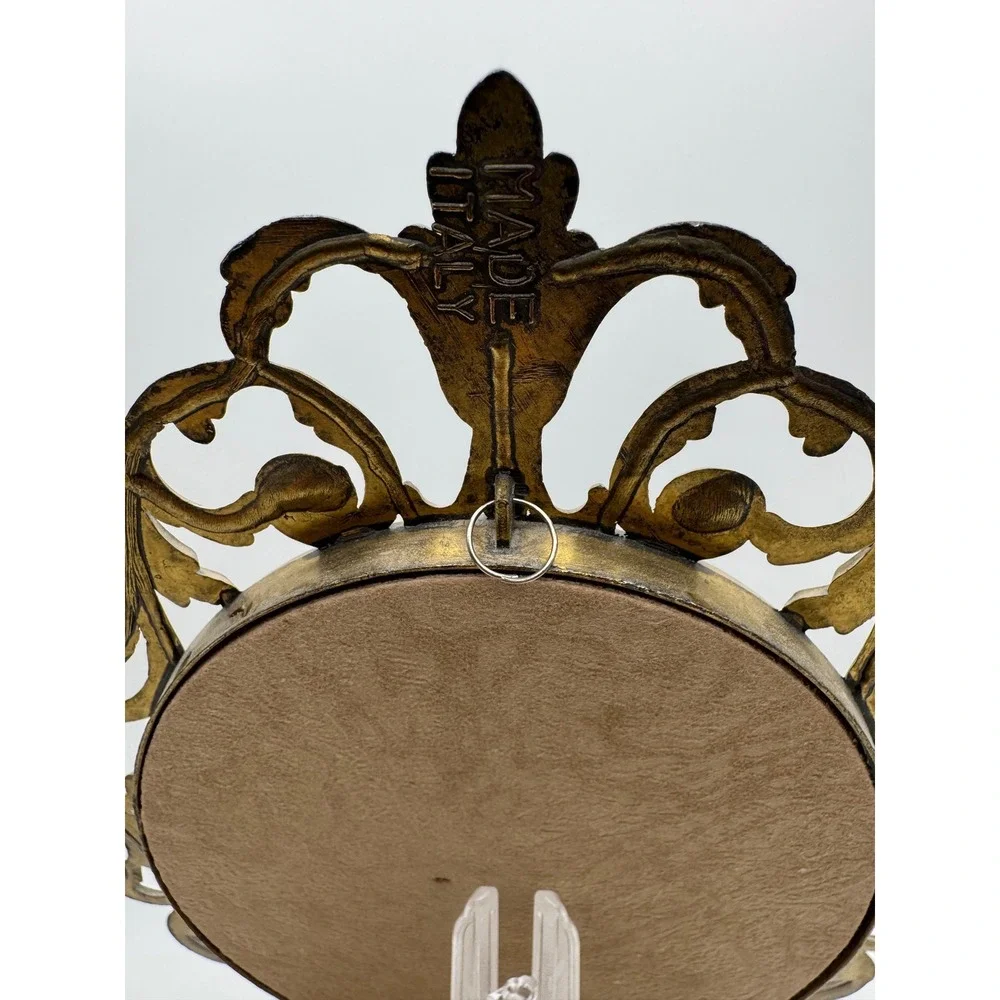 Vintage Italy Brass Ornate Floral Print Oval Frames Convex Glass Set of 2